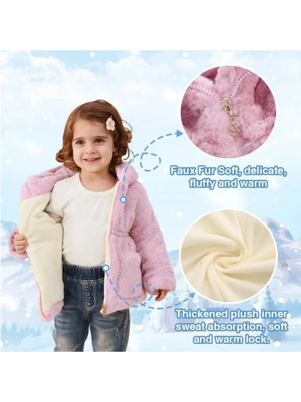Kids Girls Pink Polyester Winter Warm Outwear Ear Hooded Faux Fur Thicken Fleece